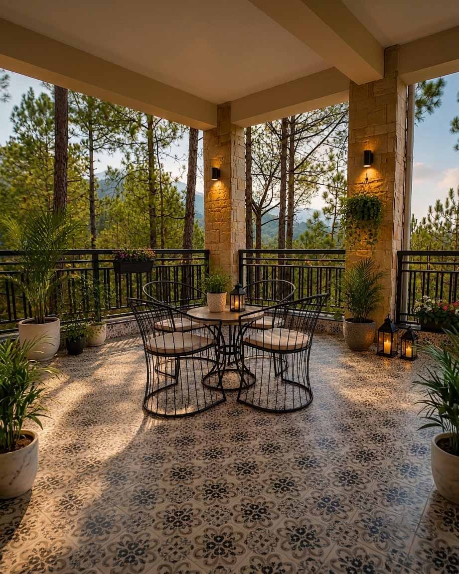 Peaceful outdoor seating area surrounded by pine trees and nature
